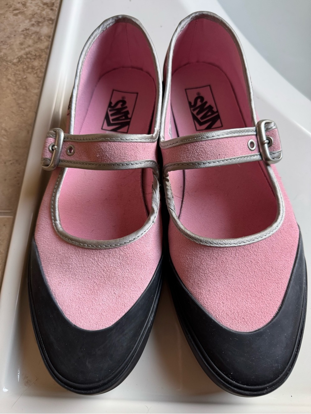 Vans Pink Mary Jane Flats with Silver Trim and Black Toe